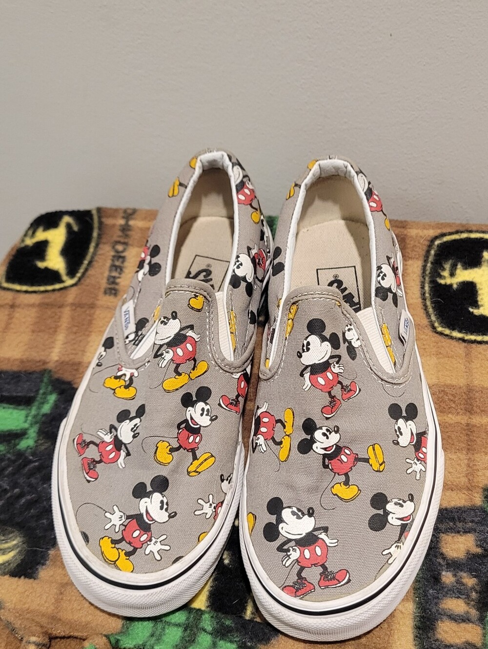Vans Gray Mickey Mouse Slip-On Sneakers with Red & Yellow Accents